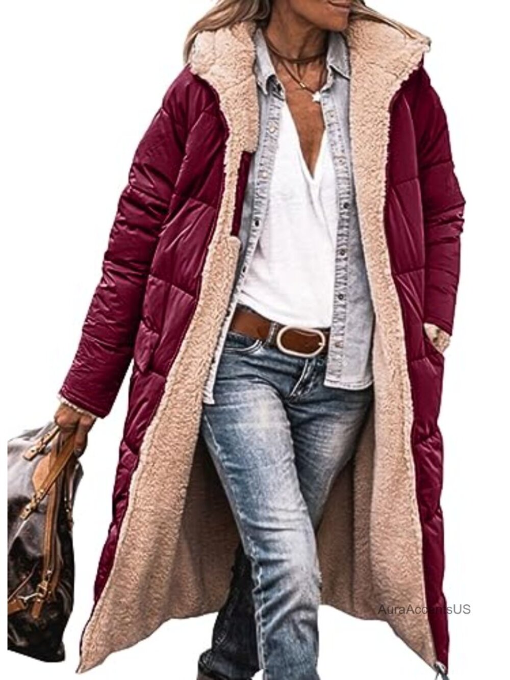 Sherpa Fleece Long Puffer Coat Hooded Full Zip Quilted Winter Jacket